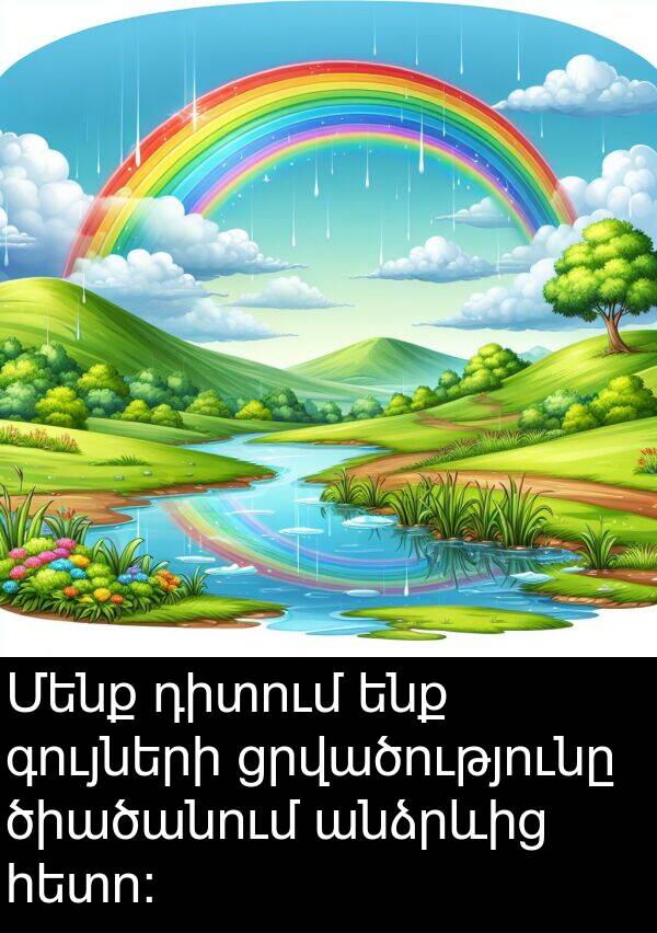 գույների: Մենք դիտում ենք գույների ցրվածությունը ծիածանում անձրևից հետո: