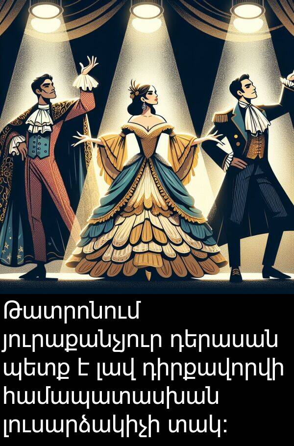 տակ։: Թատրոնում յուրաքանչյուր դերասան պետք է լավ դիրքավորվի համապատասխան լուսարձակիչի տակ։