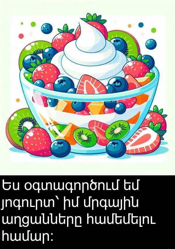 օգտագործում: Ես օգտագործում եմ յոգուրտ՝ իմ մրգային աղցանները համեմելու համար։