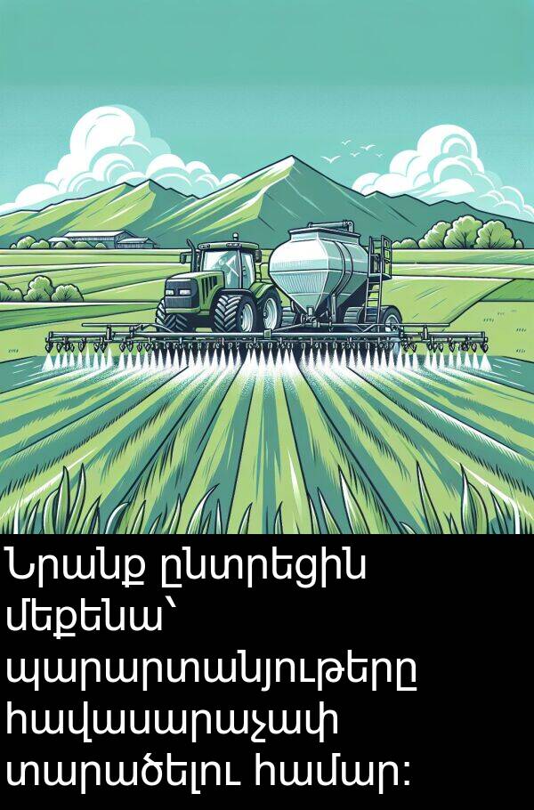 տարածելու: Նրանք ընտրեցին մեքենա՝ պարարտանյութերը հավասարաչափ տարածելու համար։