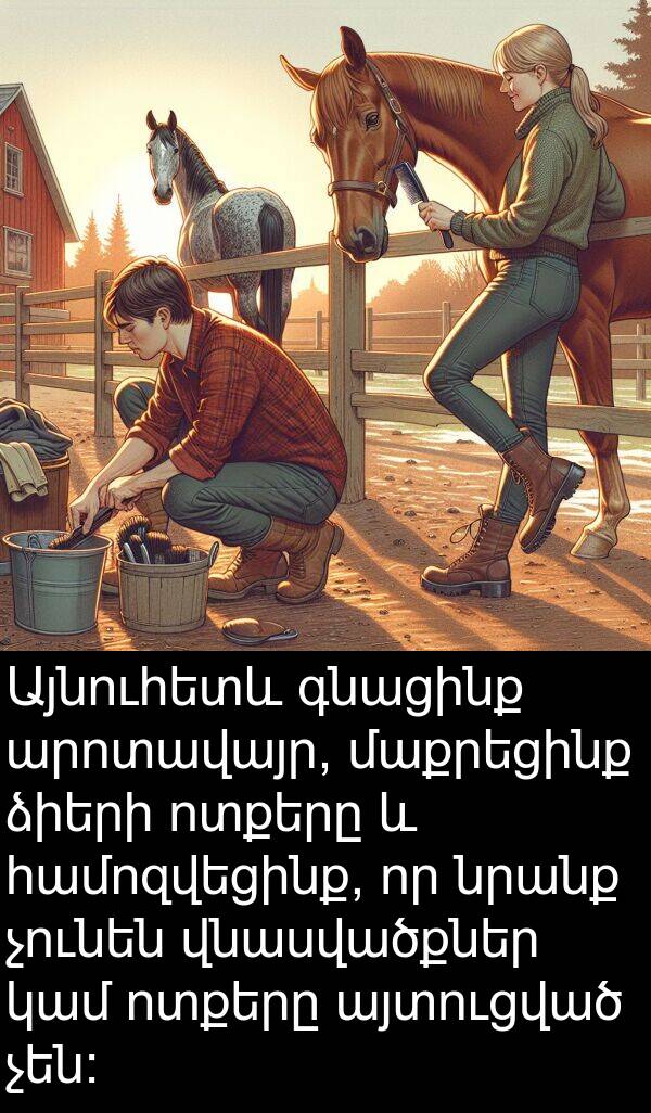 գնացինք: Այնուհետև գնացինք արոտավայր, մաքրեցինք ձիերի ոտքերը և համոզվեցինք, որ նրանք չունեն վնասվածքներ կամ ոտքերը այտուցված չեն։