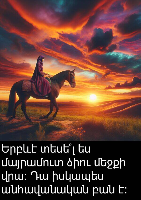 իսկապես: Երբևէ տեսե՞լ ես մայրամուտ ձիու մեջքի վրա: Դա իսկապես անհավանական բան է։