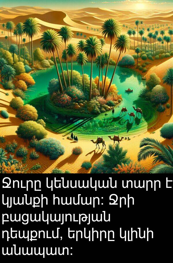 տարր: Ջուրը կենսական տարր է կյանքի համար: Ջրի բացակայության դեպքում, երկիրը կլինի անապատ: