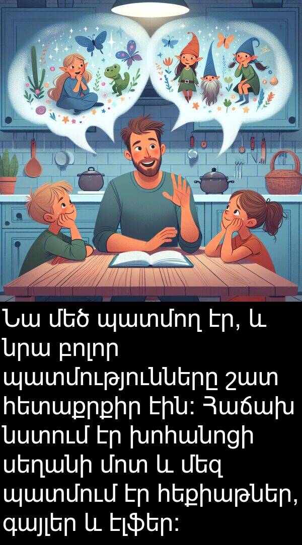 պատմող: Նա մեծ պատմող էր, և նրա բոլոր պատմությունները շատ հետաքրքիր էին: Հաճախ նստում էր խոհանոցի սեղանի մոտ և մեզ պատմում էր հեքիաթներ, գայլեր և էլֆեր: