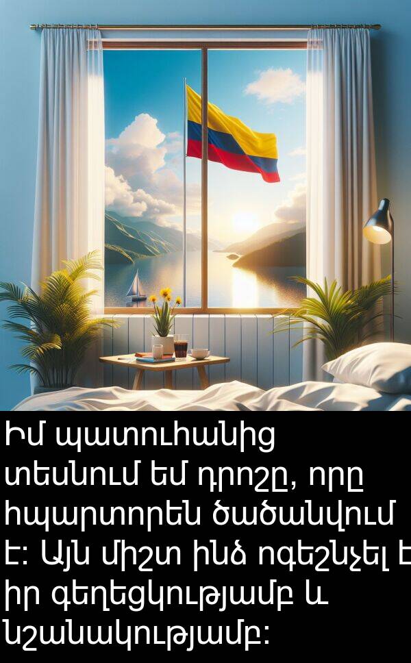 հպարտորեն: Իմ պատուհանից տեսնում եմ դրոշը, որը հպարտորեն ծածանվում է։ Այն միշտ ինձ ոգեշնչել է իր գեղեցկությամբ և նշանակությամբ։