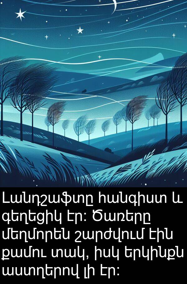աստղերով: Լանդշաֆտը հանգիստ և գեղեցիկ էր։ Ծառերը մեղմորեն շարժվում էին քամու տակ, իսկ երկինքն աստղերով լի էր։