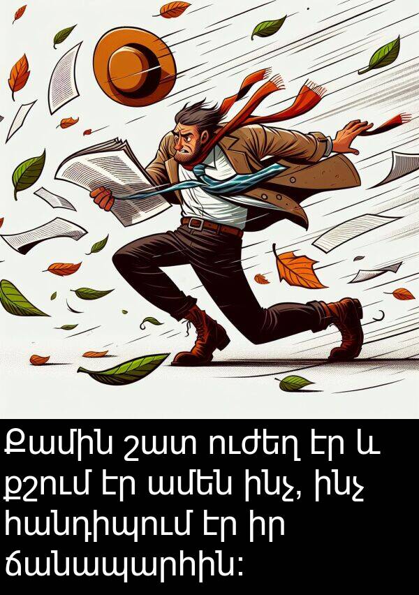 ինչ: Քամին շատ ուժեղ էր և քշում էր ամեն ինչ, ինչ հանդիպում էր իր ճանապարհին։