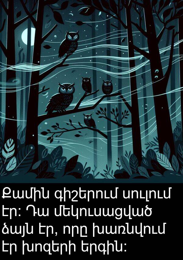 ձայն: Քամին գիշերում սուլում էր։ Դա մեկուսացված ձայն էր, որը խառնվում էր խոզերի երգին։