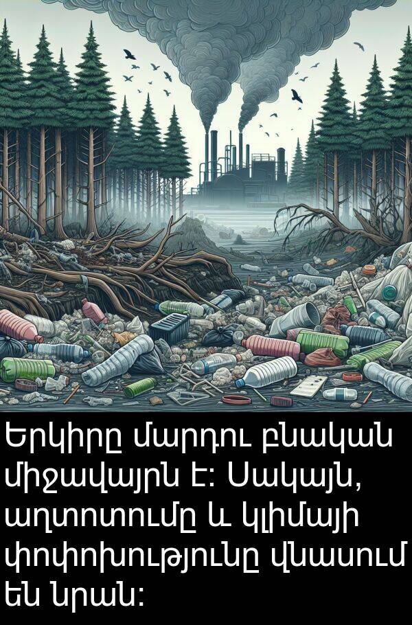 բնական: Երկիրը մարդու բնական միջավայրն է: Սակայն, աղտոտումը և կլիմայի փոփոխությունը վնասում են նրան: