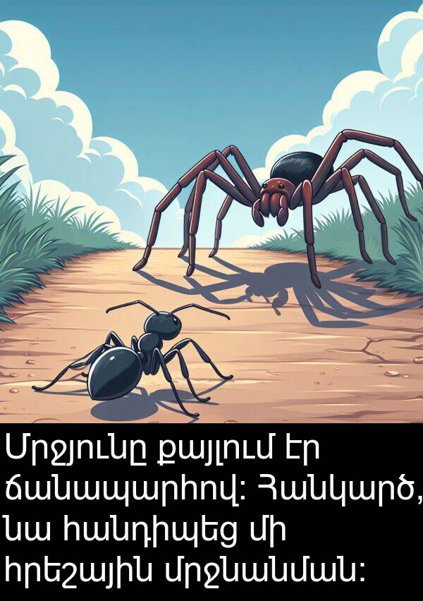 քայլում: Մրջյունը քայլում էր ճանապարհով: Հանկարծ, նա հանդիպեց մի հրեշային մրջնանման։