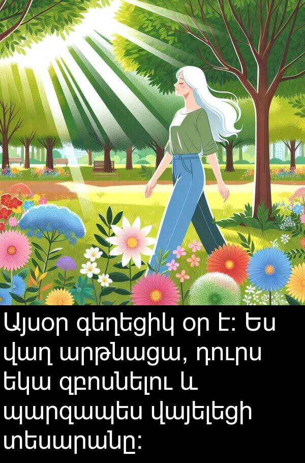 վայելեցի: Այսօր գեղեցիկ օր է։ Ես վաղ արթնացա, դուրս եկա զբոսնելու և պարզապես վայելեցի տեսարանը։