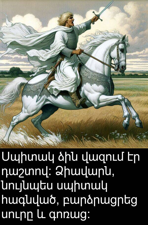 գոռաց: Սպիտակ ձին վազում էր դաշտով: Ձիավարն, նույնպես սպիտակ հագնված, բարձրացրեց սուրը և գոռաց: