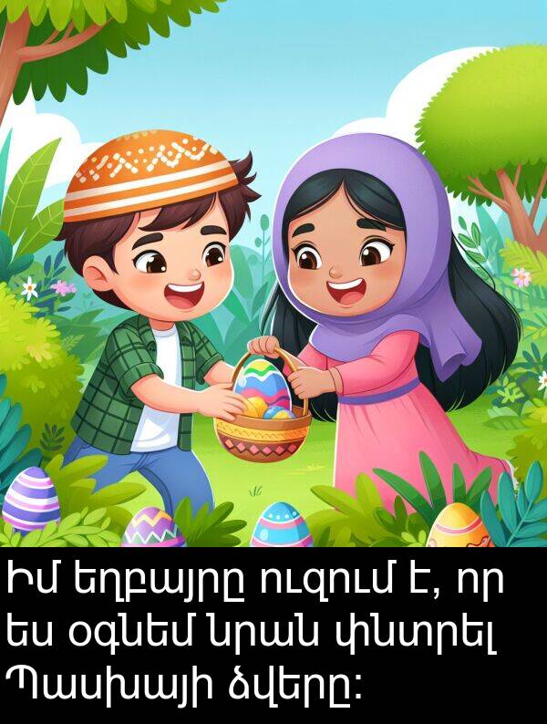 նրան: Իմ եղբայրը ուզում է, որ ես օգնեմ նրան փնտրել Պասխայի ձվերը: