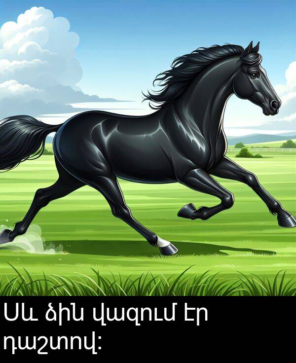 վազում: Սև ձին վազում էր դաշտով։