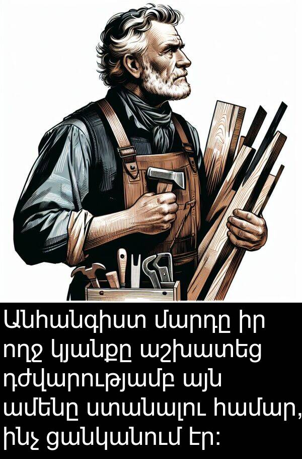 ողջ: Անհանգիստ մարդը իր ողջ կյանքը աշխատեց դժվարությամբ այն ամենը ստանալու համար, ինչ ցանկանում էր: