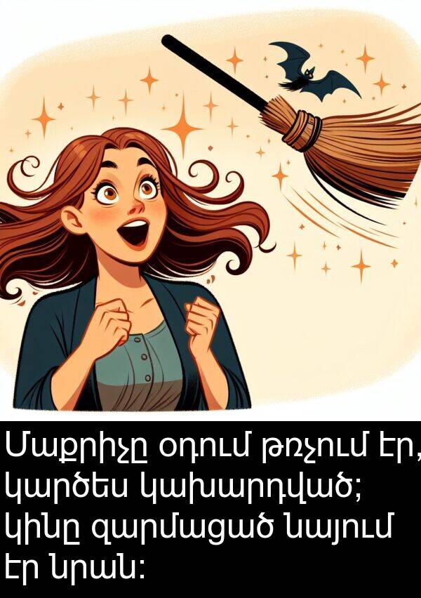 թռչում: Մաքրիչը օդում թռչում էր, կարծես կախարդված; կինը զարմացած նայում էր նրան: