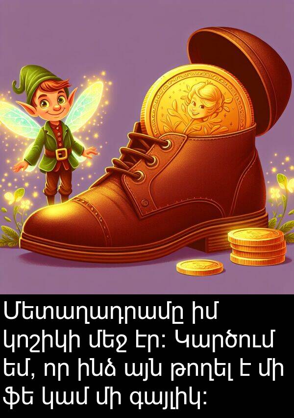 կամ: Մետաղադրամը իմ կոշիկի մեջ էր։ Կարծում եմ, որ ինձ այն թողել է մի ֆե կամ մի գայլիկ։