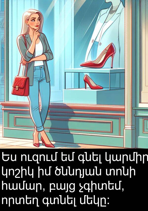 գնել: Ես ուզում եմ գնել կարմիր կոշիկ իմ ծննդյան տոնի համար, բայց չգիտեմ, որտեղ գտնել մեկը: