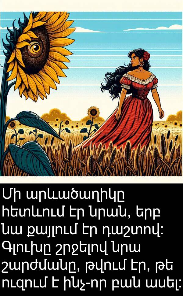 թվում: Մի արևածաղիկը հետևում էր նրան, երբ նա քայլում էր դաշտով: Գլուխը շրջելով նրա շարժմանը, թվում էր, թե ուզում է ինչ-որ բան ասել: