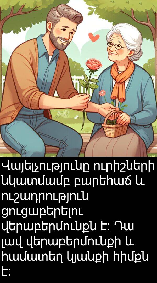 նկատմամբ: Վայելչությունը ուրիշների նկատմամբ բարեհաճ և ուշադրություն ցուցաբերելու վերաբերմունքն է: Դա լավ վերաբերմունքի և համատեղ կյանքի հիմքն է: