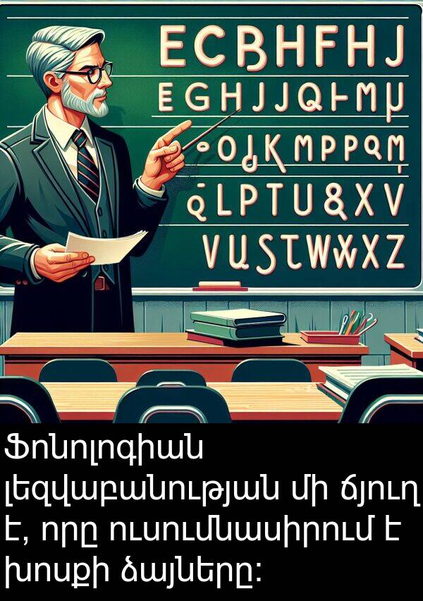 ճյուղ: Ֆոնոլոգիան լեզվաբանության մի ճյուղ է, որը ուսումնասիրում է խոսքի ձայները։