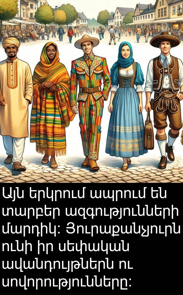 տարբեր: Այն երկրում ապրում են տարբեր ազգությունների մարդիկ: Յուրաքանչյուրն ունի իր սեփական ավանդույթներն ու սովորությունները: