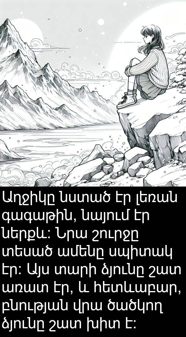 բնության: Աղջիկը նստած էր լեռան գագաթին, նայում էր ներքև: Նրա շուրջը տեսած ամենը սպիտակ էր: Այս տարի ձյունը շատ առատ էր, և հետևաբար, բնության վրա ծածկող ձյունը շատ խիտ է: