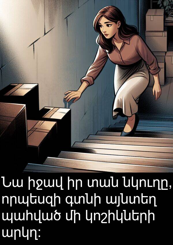 գտնի: Նա իջավ իր տան նկուղը, որպեսզի գտնի այնտեղ պահված մի կոշիկների արկղ: