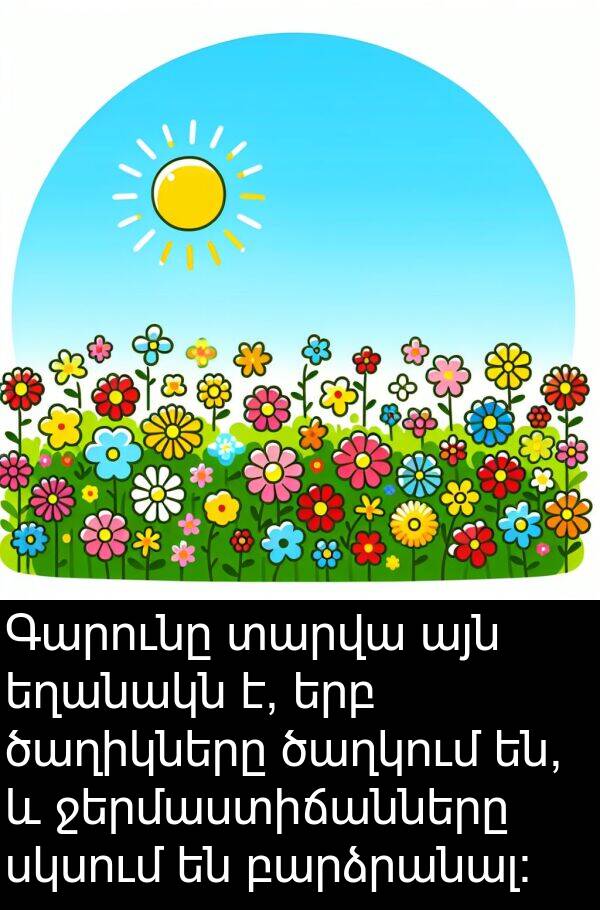ծաղիկները: Գարունը տարվա այն եղանակն է, երբ ծաղիկները ծաղկում են, և ջերմաստիճանները սկսում են բարձրանալ: