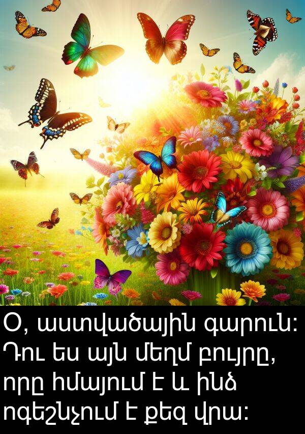 բույրը: Օ, աստվածային գարուն: Դու ես այն մեղմ բույրը, որը հմայում է և ինձ ոգեշնչում է քեզ վրա:
