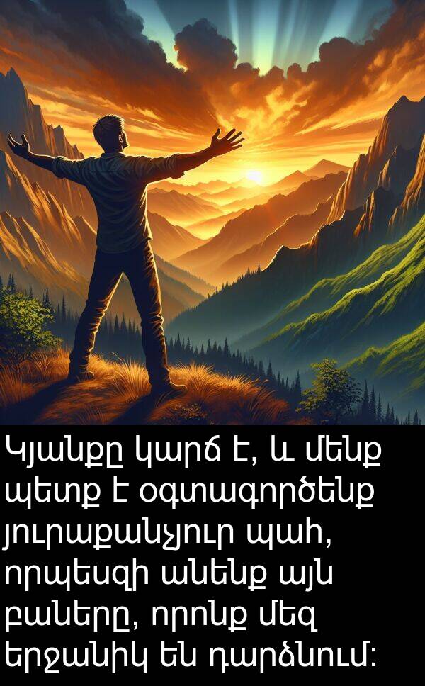 յուրաքանչյուր: Կյանքը կարճ է, և մենք պետք է օգտագործենք յուրաքանչյուր պահ, որպեսզի անենք այն բաները, որոնք մեզ երջանիկ են դարձնում: