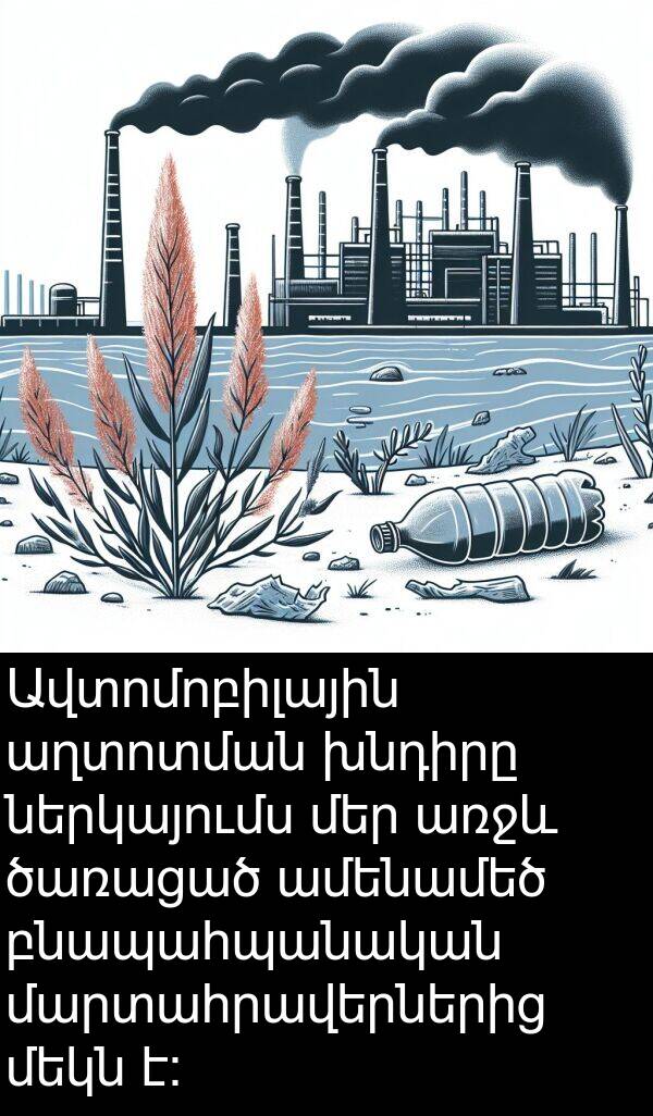 բնապահպանական: Ավտոմոբիլային աղտոտման խնդիրը ներկայումս մեր առջև ծառացած ամենամեծ բնապահպանական մարտահրավերներից մեկն է: