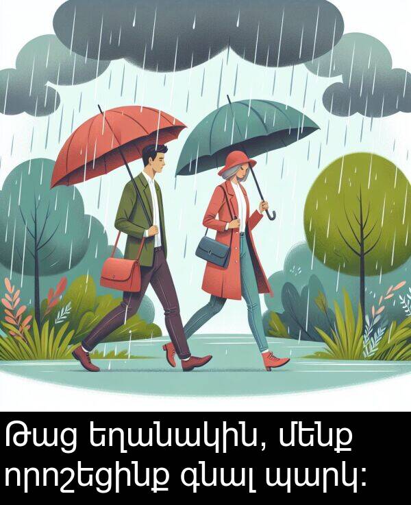 գնալ: Թաց եղանակին, մենք որոշեցինք գնալ պարկ։