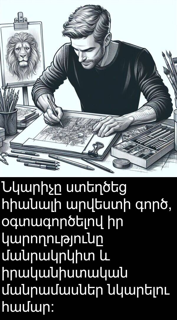 գործ: Նկարիչը ստեղծեց հիանալի արվեստի գործ, օգտագործելով իր կարողությունը մանրակրկիտ և իրականիստական մանրամասներ նկարելու համար:
