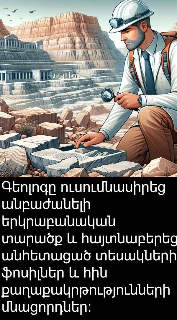 ֆոսիլներ: Գեոլոգը ուսումնասիրեց անբաժանելի երկրաբանական տարածք և հայտնաբերեց անհետացած տեսակների ֆոսիլներ և հին քաղաքակրթությունների մնացորդներ: