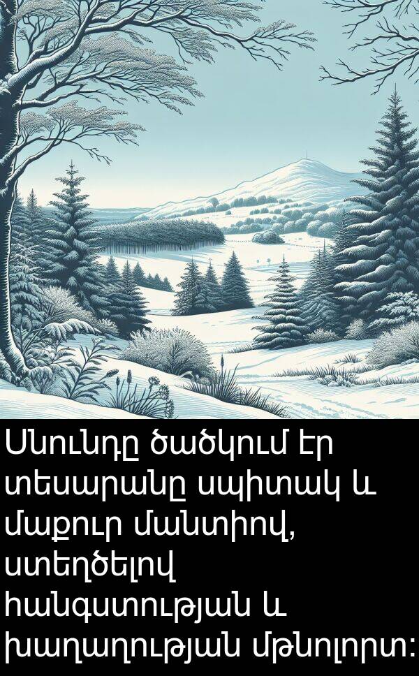 սպիտակ: Սնունդը ծածկում էր տեսարանը սպիտակ և մաքուր մանտիով, ստեղծելով հանգստության և խաղաղության մթնոլորտ: