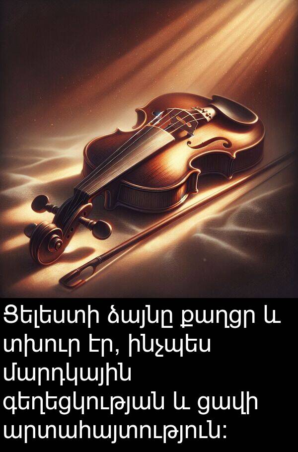 քաղցր: Ցելեստի ձայնը քաղցր և տխուր էր, ինչպես մարդկային գեղեցկության և ցավի արտահայտություն։