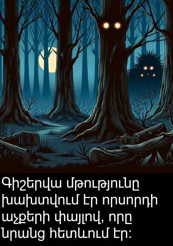 փայլով: Գիշերվա մթությունը խախտվում էր որսորդի աչքերի փայլով, որը նրանց հետևում էր: