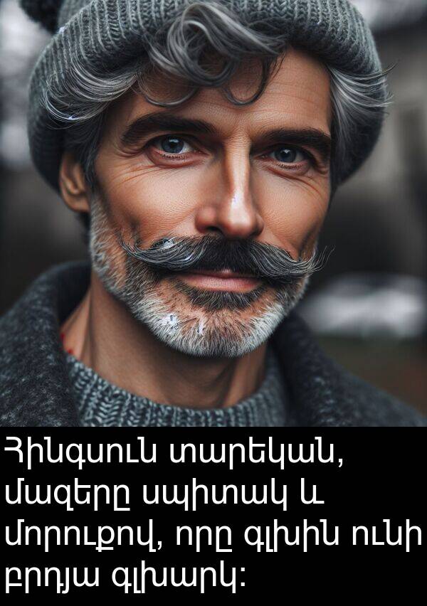 բրդյա: Հինգսուն տարեկան, մազերը սպիտակ և մորուքով, որը գլխին ունի բրդյա գլխարկ: