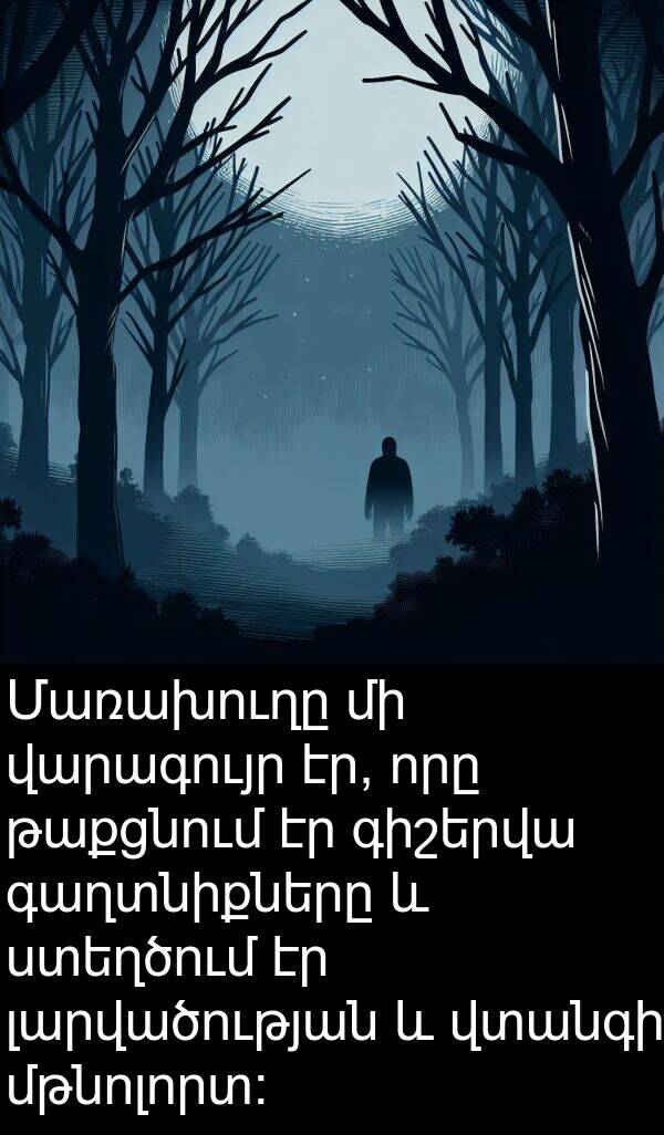 մթնոլորտ։: Մառախուղը մի վարագույր էր, որը թաքցնում էր գիշերվա գաղտնիքները և ստեղծում էր լարվածության և վտանգի մթնոլորտ։