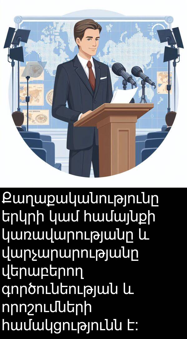գործունեության: Քաղաքականությունը երկրի կամ համայնքի կառավարությանը և վարչարարությանը վերաբերող գործունեության և որոշումների համակցությունն է։