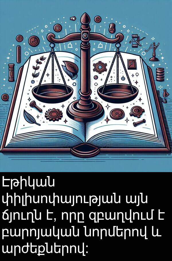 փիլիսոփայության: Էթիկան փիլիսոփայության այն ճյուղն է, որը զբաղվում է բարոյական նորմերով և արժեքներով: