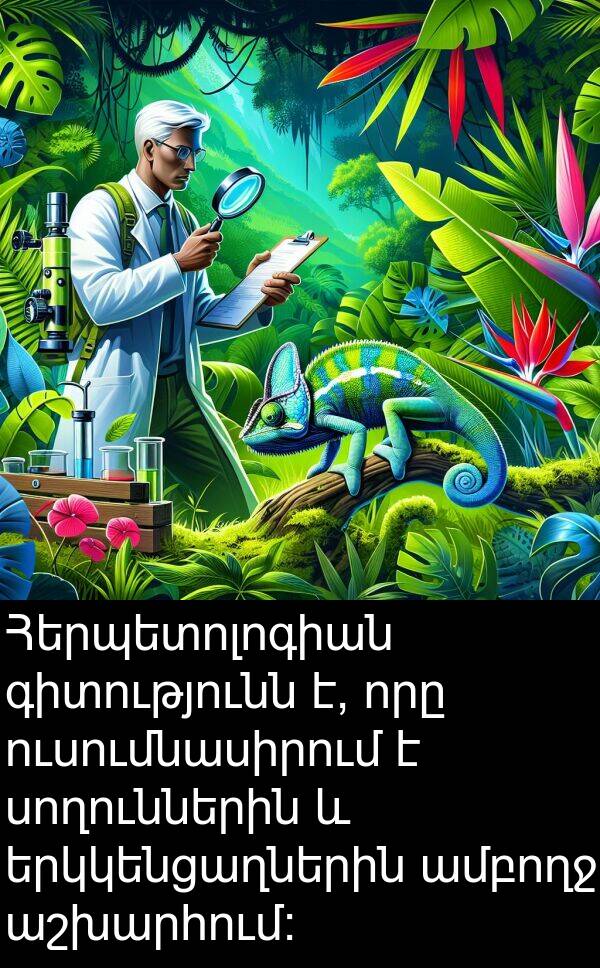 սողուններին: Հերպետոլոգիան գիտությունն է, որը ուսումնասիրում է սողուններին և երկկենցաղներին ամբողջ աշխարհում: