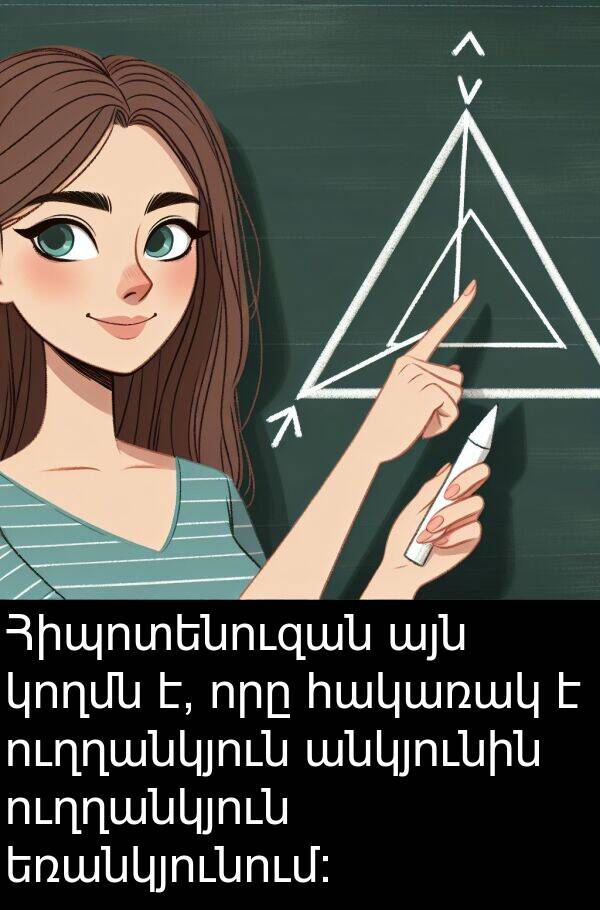 կողմն: Հիպոտենուզան այն կողմն է, որը հակառակ է ուղղանկյուն անկյունին ուղղանկյուն եռանկյունում: