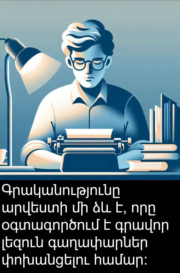 գրավոր: Գրականությունը արվեստի մի ձև է, որը օգտագործում է գրավոր լեզուն գաղափարներ փոխանցելու համար: