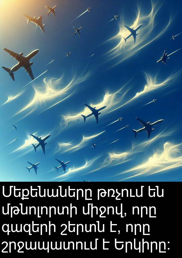 թռչում: Մեքենաները թռչում են մթնոլորտի միջով, որը գազերի շերտն է, որը շրջապատում է Երկիրը։