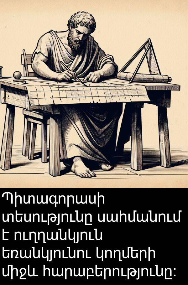 ուղղանկյուն: Պիտագորասի տեսությունը սահմանում է ուղղանկյուն եռանկյունու կողմերի միջև հարաբերությունը: