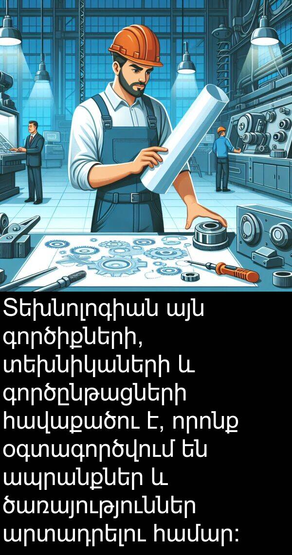 գործընթացների: Տեխնոլոգիան այն գործիքների, տեխնիկաների և գործընթացների հավաքածու է, որոնք օգտագործվում են ապրանքներ և ծառայություններ արտադրելու համար: