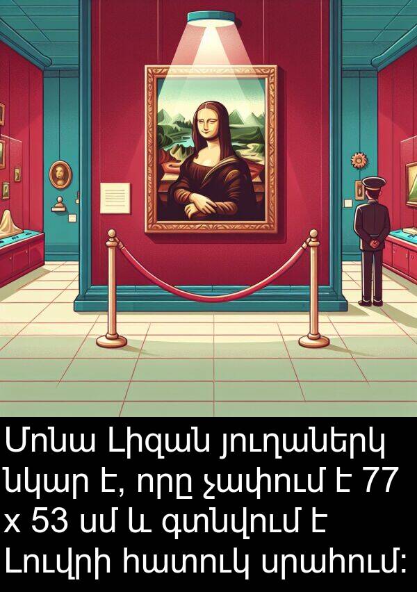 հատուկ: Մոնա Լիզան յուղաներկ նկար է, որը չափում է 77 x 53 սմ և գտնվում է Լուվրի հատուկ սրահում։