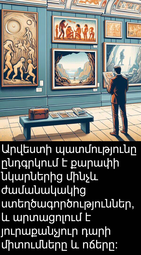 յուրաքանչյուր: Արվեստի պատմությունը ընդգրկում է քարափի նկարներից մինչև ժամանակակից ստեղծագործություններ, և արտացոլում է յուրաքանչյուր դարի միտումները և ոճերը: